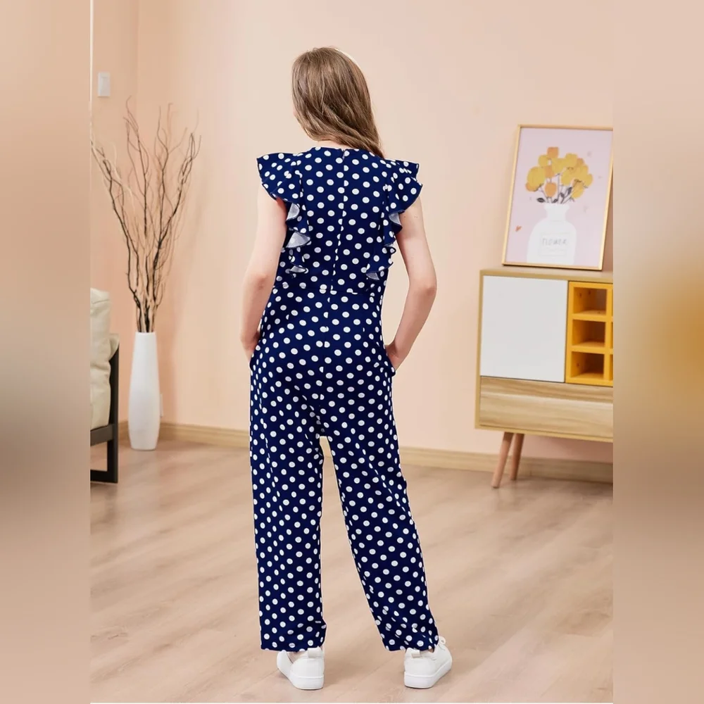 NWT Gorlya Jumpsuit Romper Navy blue with white polka dots Size Girls 8